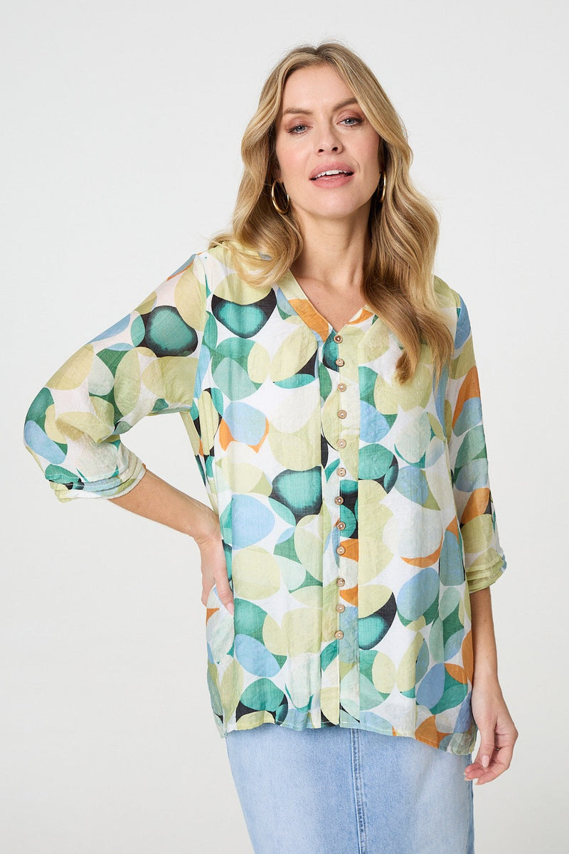 Printed Curved Hem 3/4 Sleeve Blouse