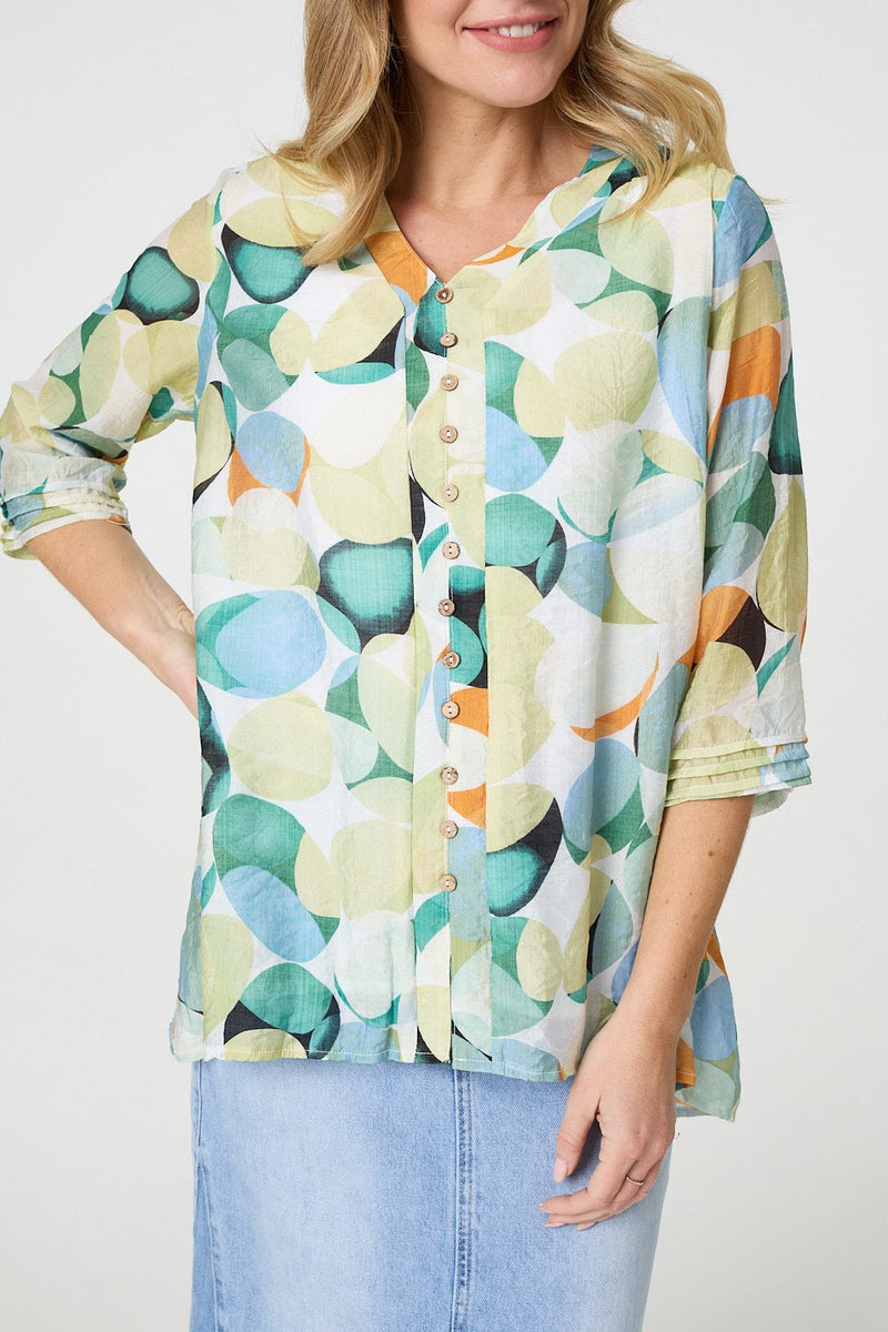 Printed Curved Hem 3/4 Sleeve Blouse