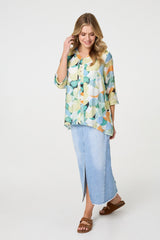 Printed Curved Hem 3/4 Sleeve Blouse