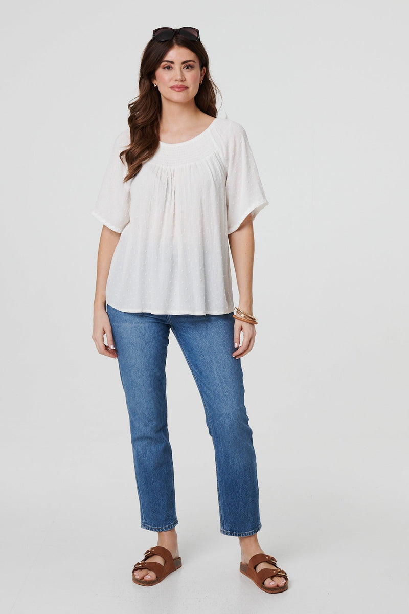 Textured Semi Sheer Shirred Bardot Top