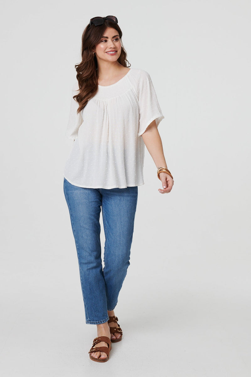 Textured Semi Sheer Shirred Bardot Top