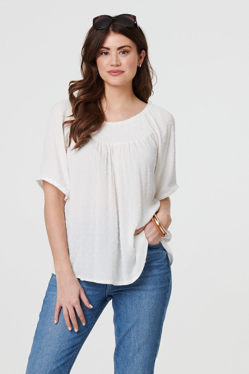 Textured Semi Sheer Shirred Bardot Top