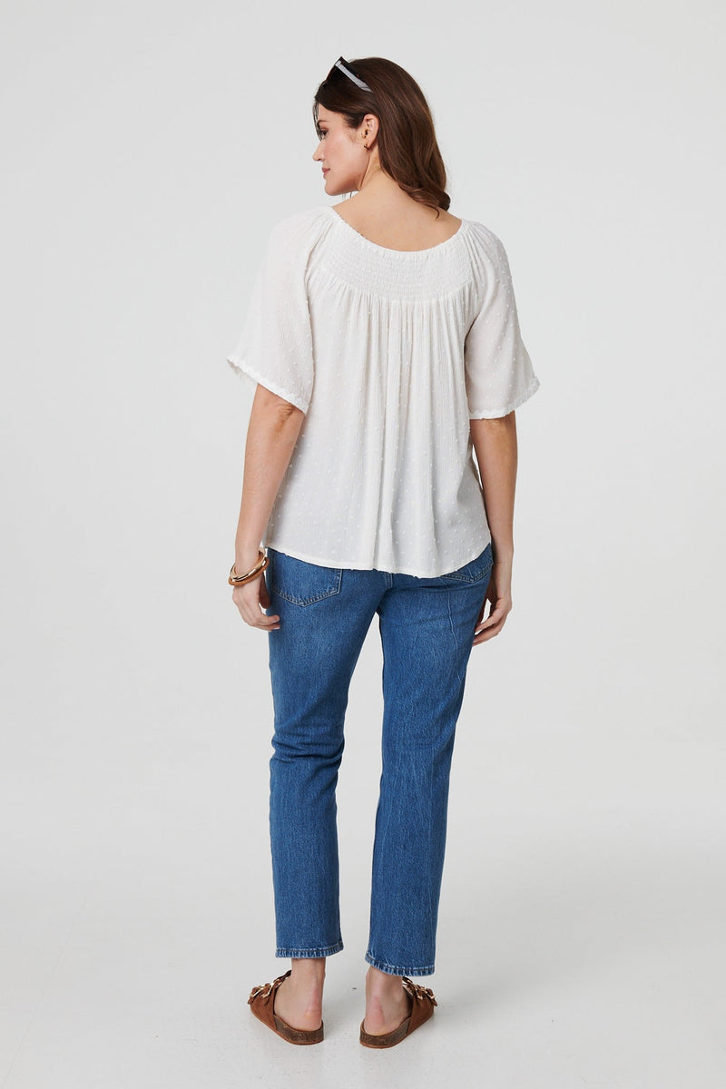 Textured Semi Sheer Shirred Bardot Top