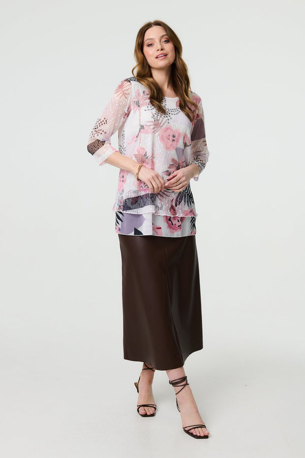 Abstract Print Mesh Layer 3/4 Sleeve Tunic