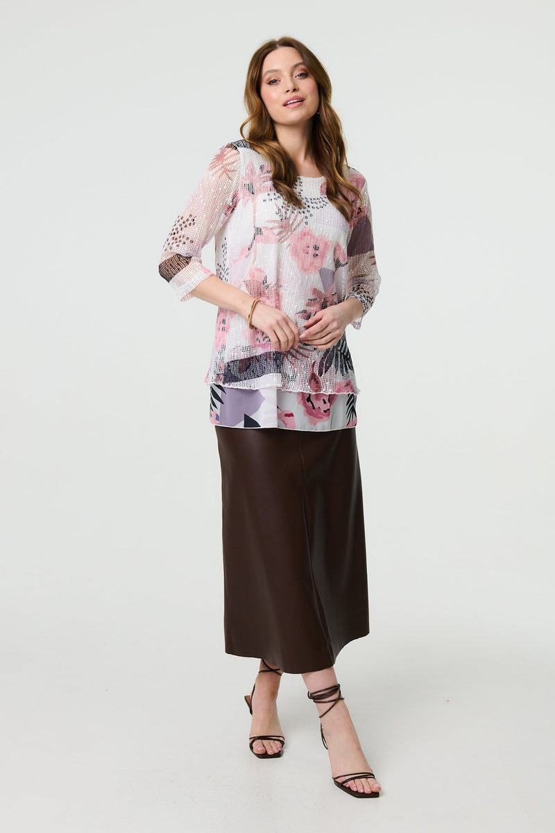 Abstract Print Mesh Layer 3/4 Sleeve Tunic