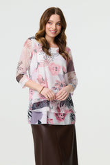 Abstract Print Mesh Layer 3/4 Sleeve Tunic