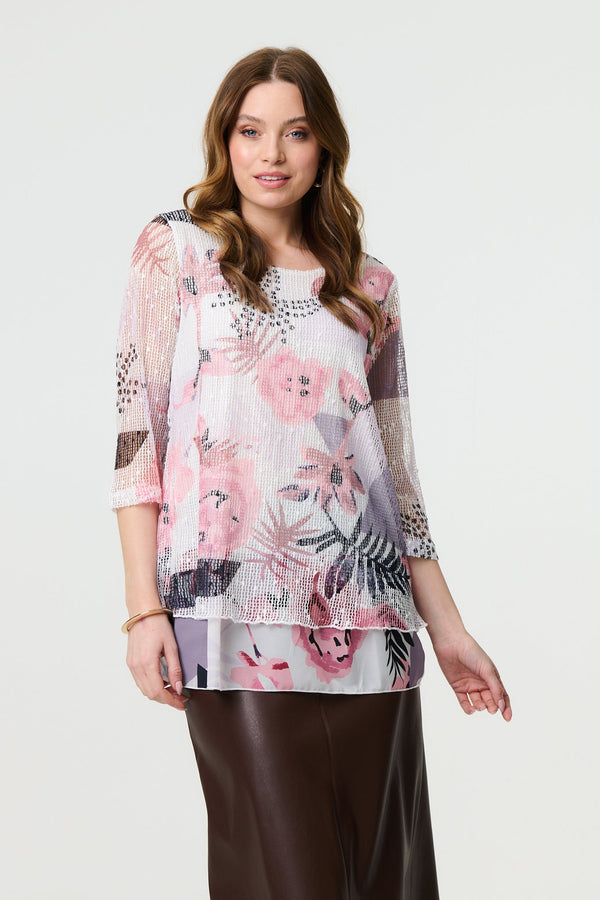 Abstract Print Mesh Layer 3/4 Sleeve Tunic
