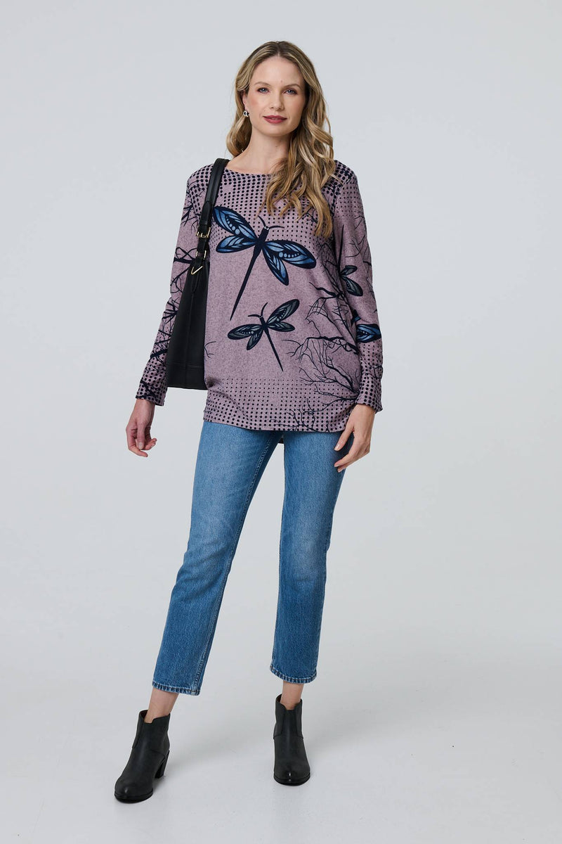 Dragonfly Print Long Sleeve Tunic Top