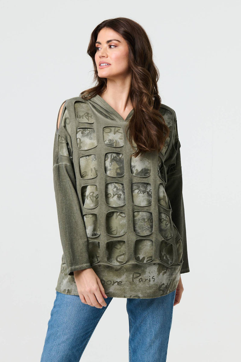 Graphic Print Cut Out Layer Hoodie