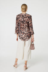 Floral 3/4 Sleeve Curve Hem Blouse