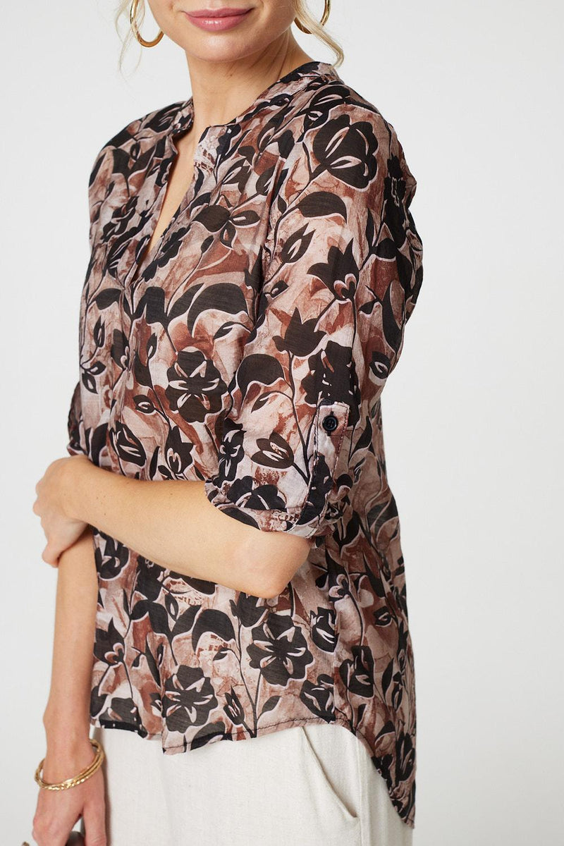 Floral 3/4 Sleeve Curve Hem Blouse