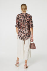 Floral 3/4 Sleeve Curve Hem Blouse