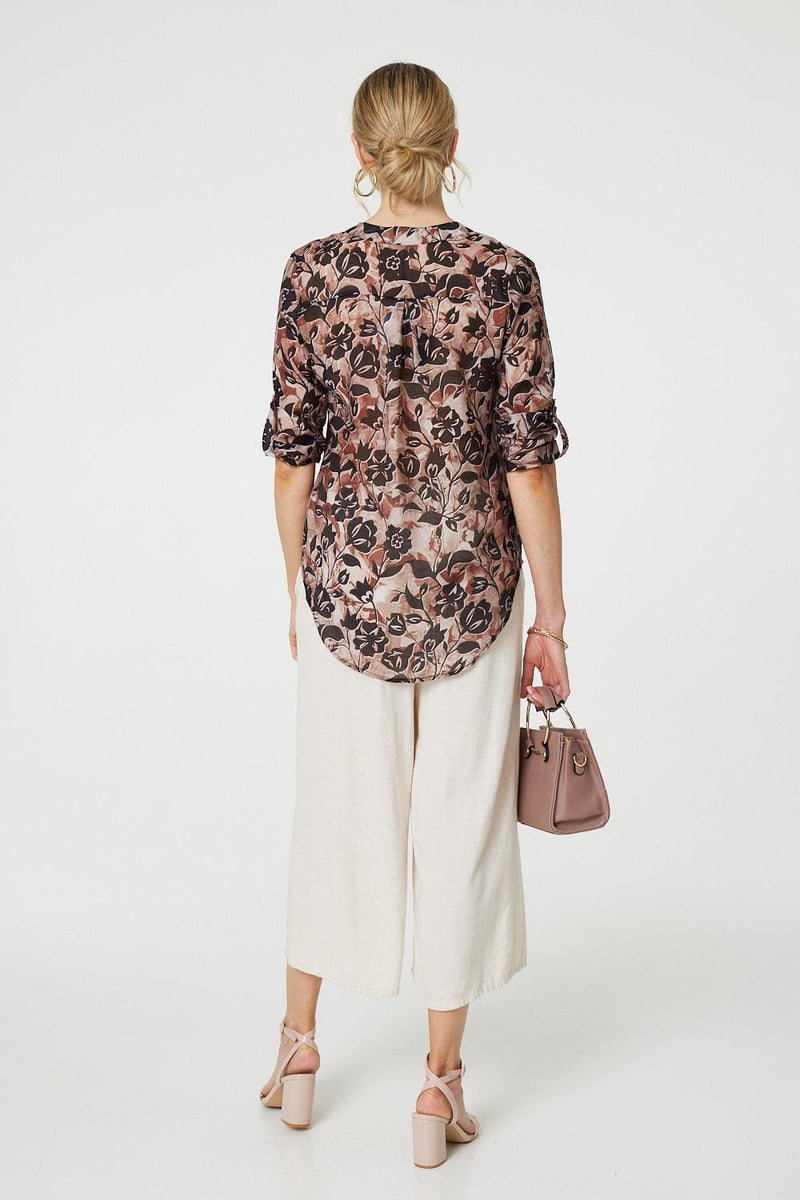 Floral 3/4 Sleeve Curve Hem Blouse
