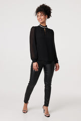 Sparkle Trim High Neck Semi Sheer Blouse