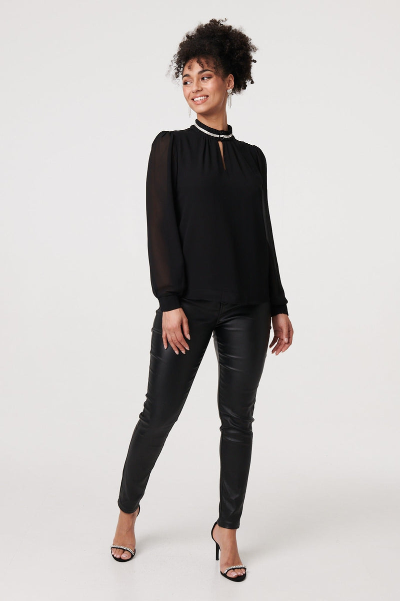 Sparkle Trim High Neck Semi Sheer Blouse