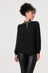 Sparkle Trim High Neck Semi Sheer Blouse