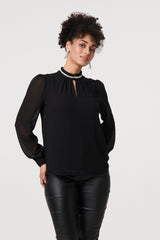 Sparkle Trim High Neck Semi Sheer Blouse