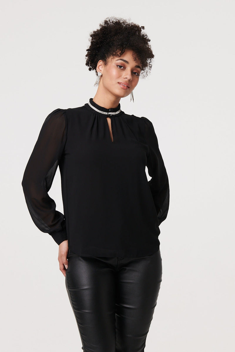 Sparkle Trim High Neck Semi Sheer Blouse