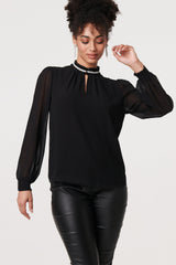 Sparkle Trim High Neck Semi Sheer Blouse