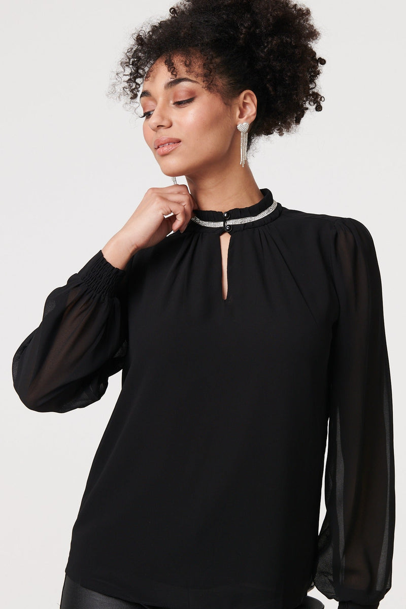 Sparkle Trim High Neck Semi Sheer Blouse