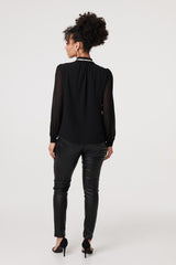 Sparkle Trim High Neck Semi Sheer Blouse