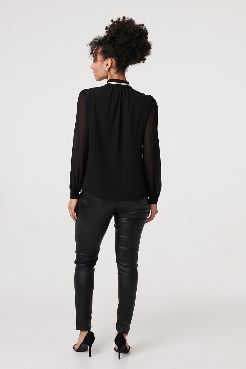 Sparkle Trim High Neck Semi Sheer Blouse