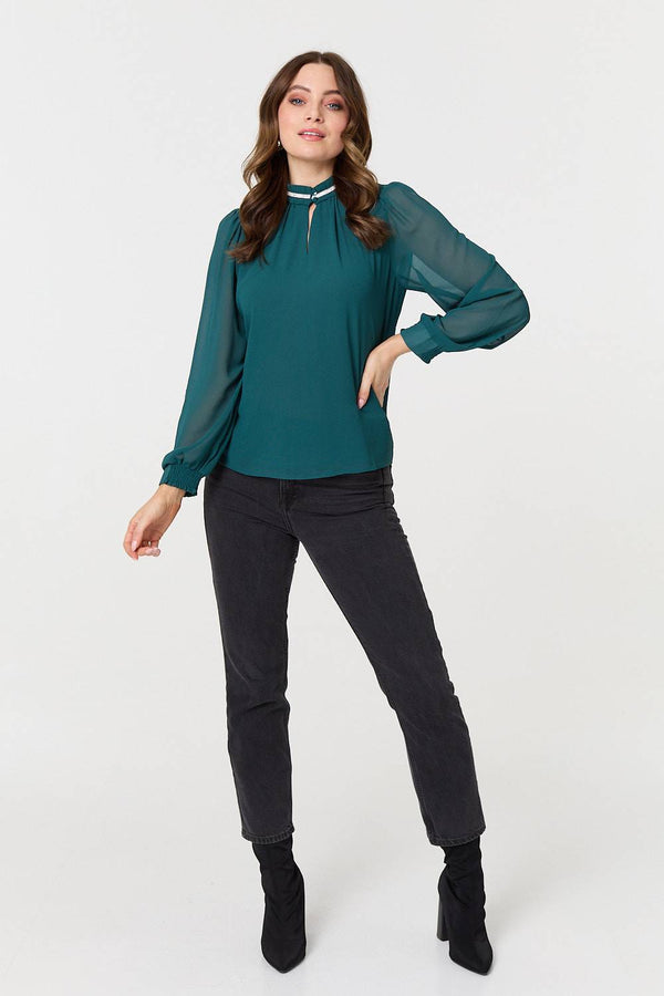 Sparkle Trim High Neck Semi Sheer Blouse
