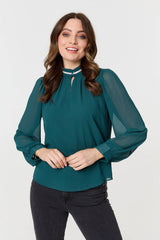 Sparkle Trim High Neck Semi Sheer Blouse