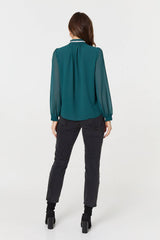 Sparkle Trim High Neck Semi Sheer Blouse