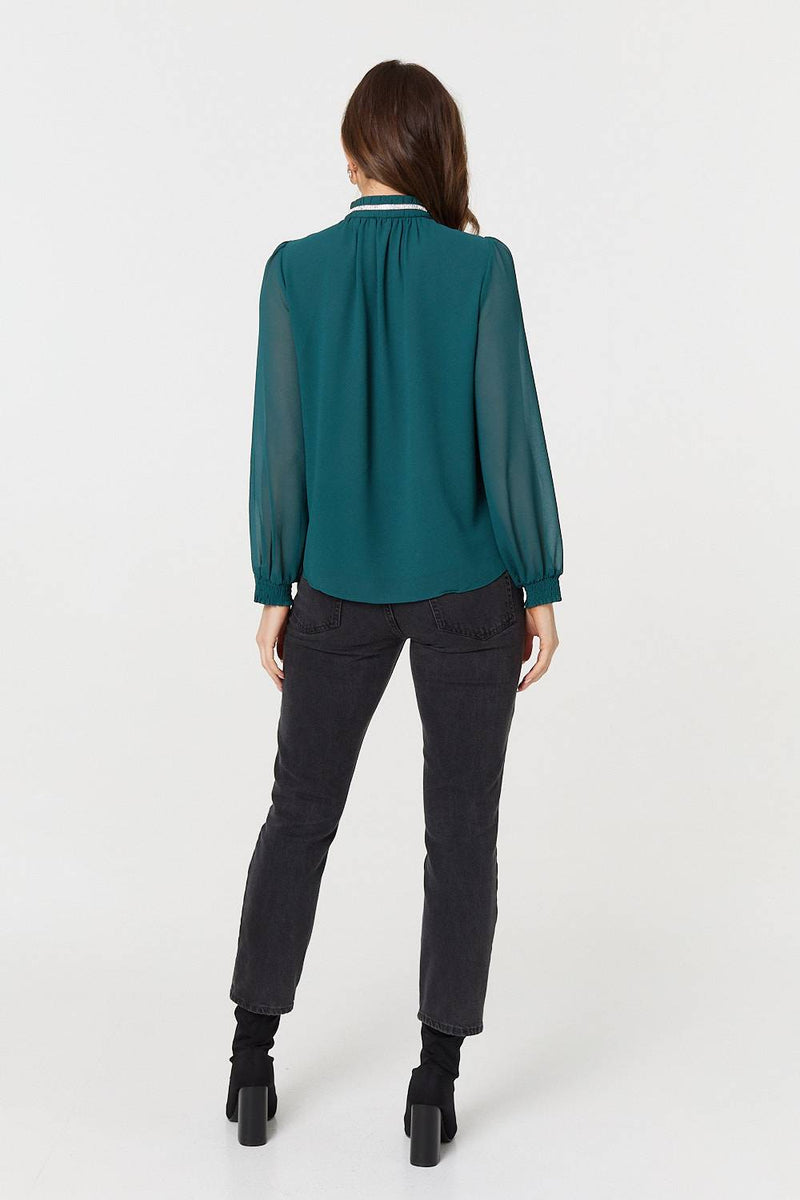 Sparkle Trim High Neck Semi Sheer Blouse