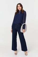 Sparkle Trim High Neck Semi Sheer Blouse