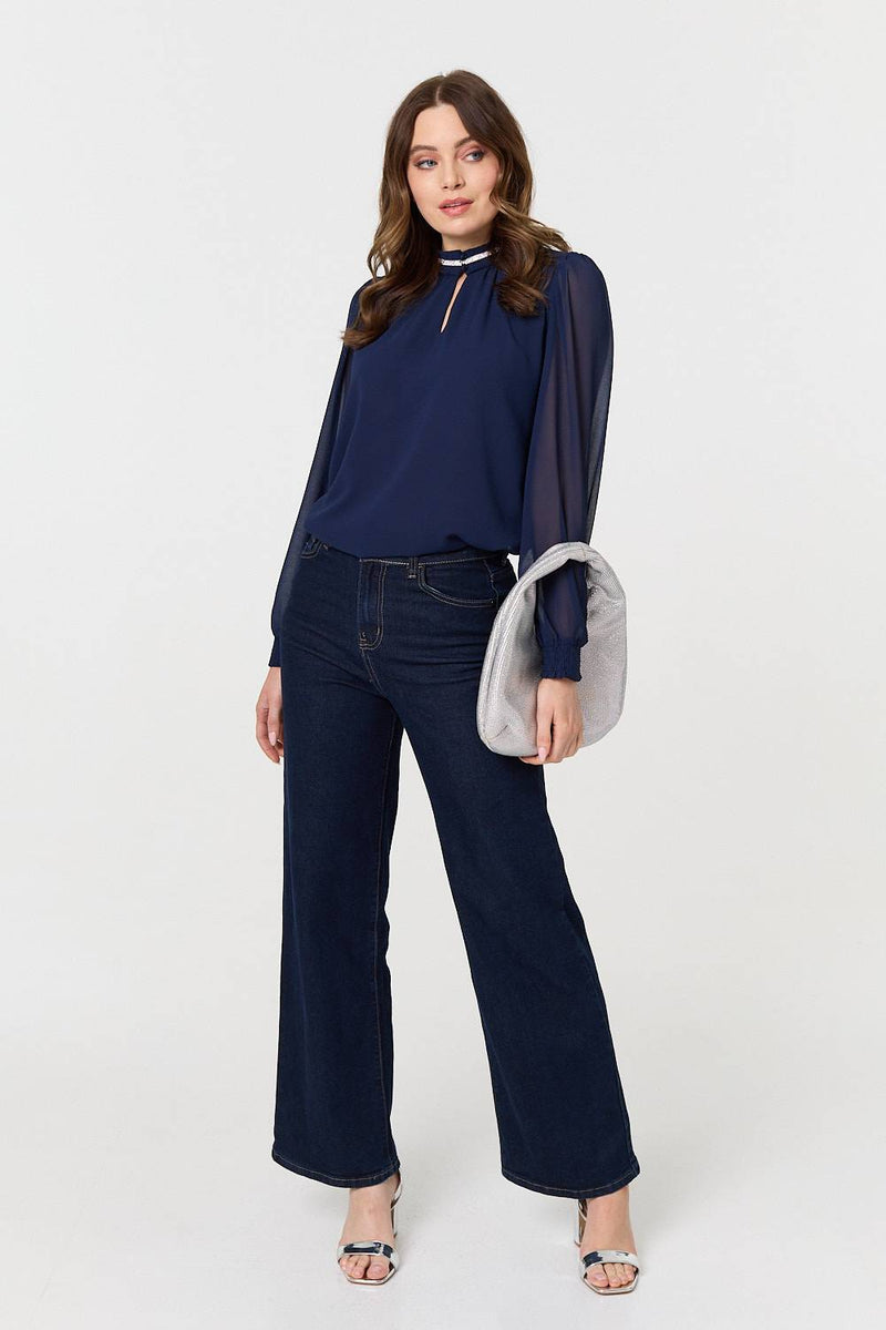 Sparkle Trim High Neck Semi Sheer Blouse