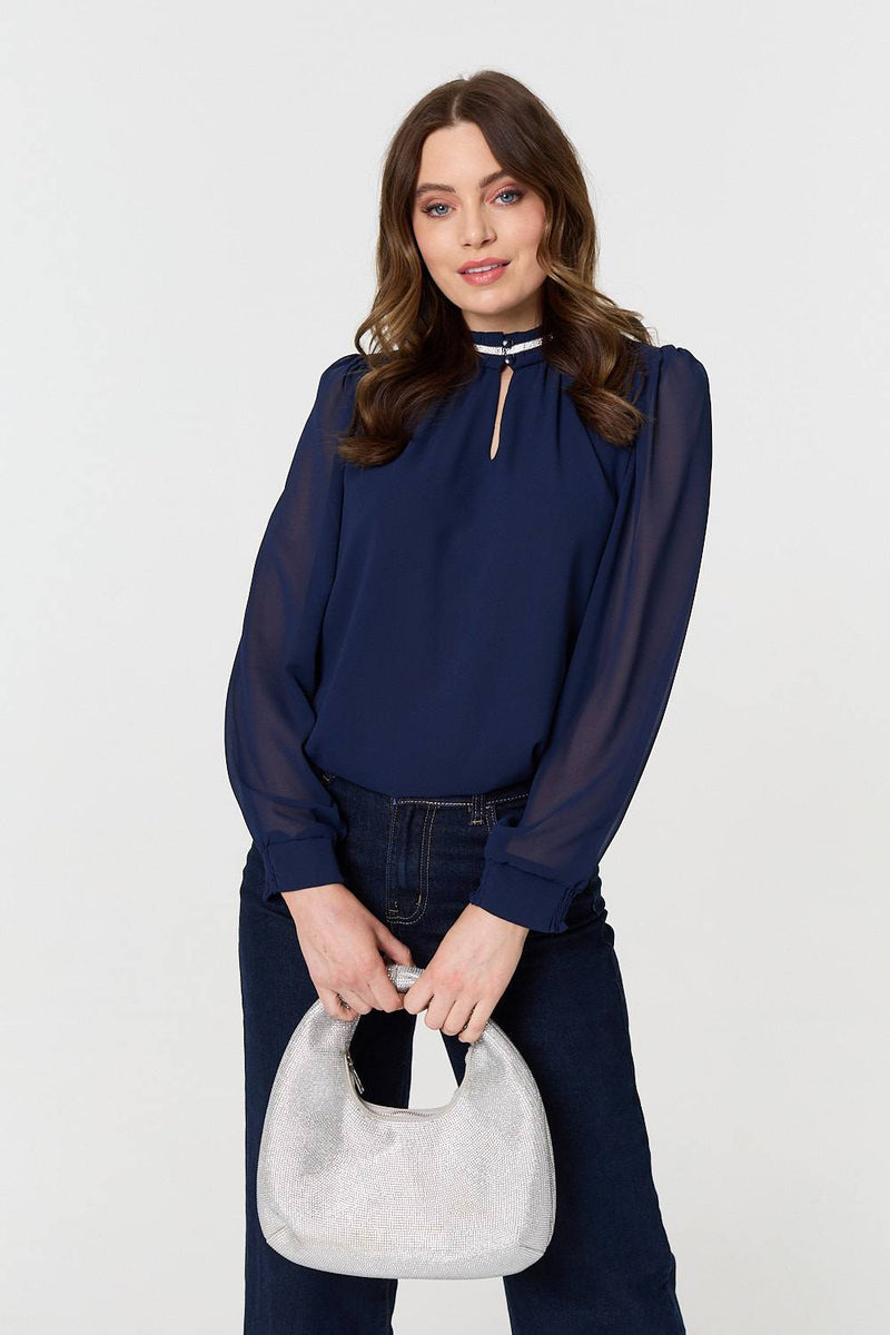Sparkle Trim High Neck Semi Sheer Blouse