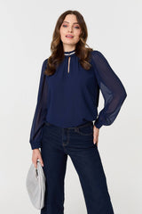 Sparkle Trim High Neck Semi Sheer Blouse