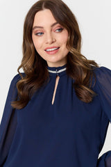 Sparkle Trim High Neck Semi Sheer Blouse