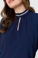 Sparkle Trim High Neck Semi Sheer Blouse