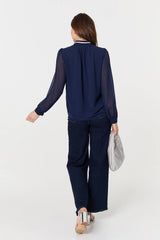 Sparkle Trim High Neck Semi Sheer Blouse