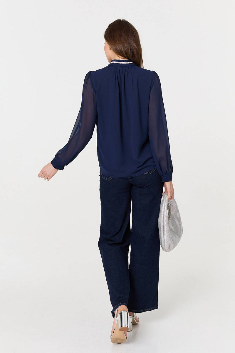 Sparkle Trim High Neck Semi Sheer Blouse