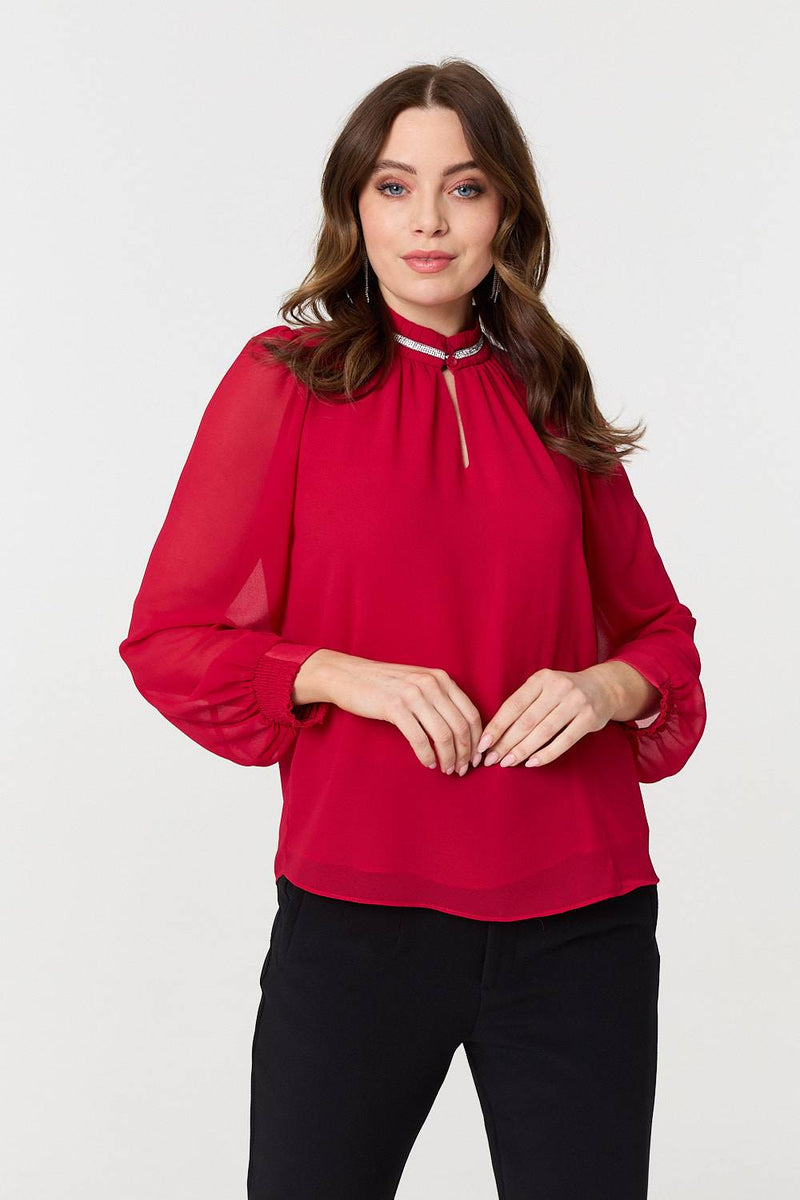 Sparkle Trim High Neck Semi Sheer Blouse