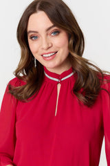 Sparkle Trim High Neck Semi Sheer Blouse