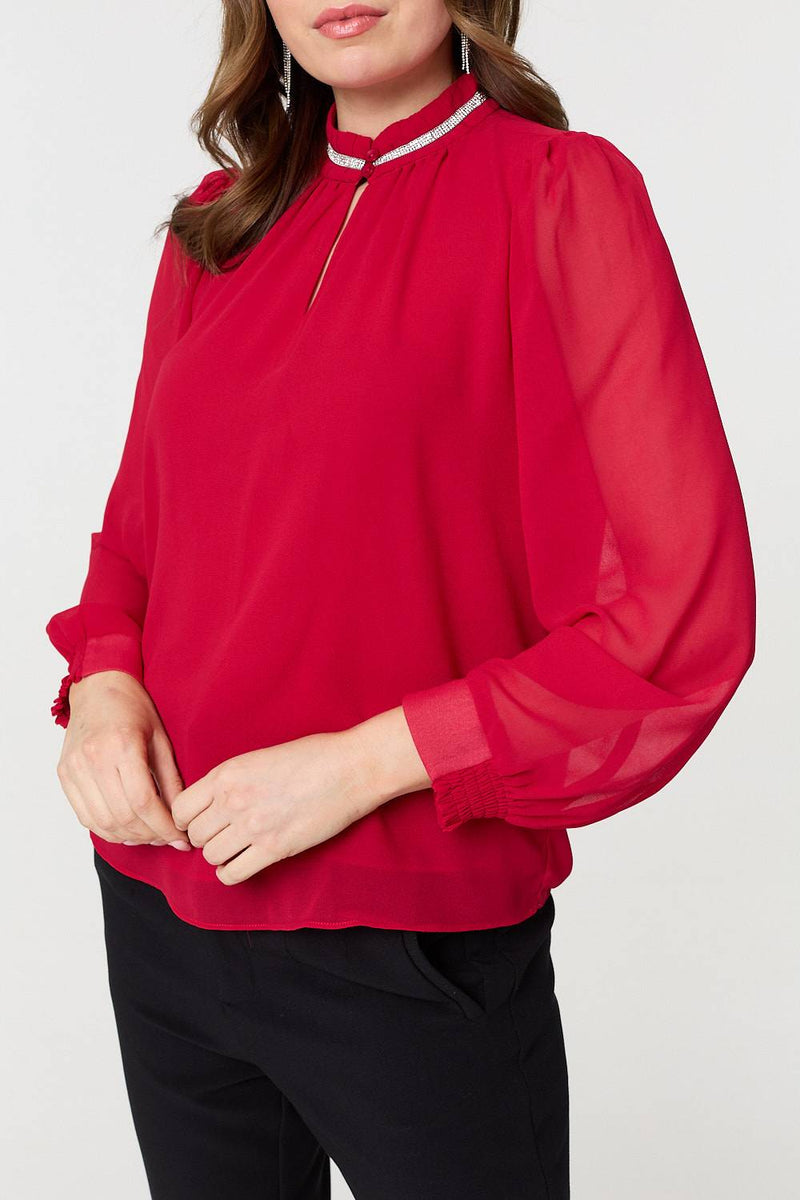 Sparkle Trim High Neck Semi Sheer Blouse