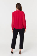 Sparkle Trim High Neck Semi Sheer Blouse