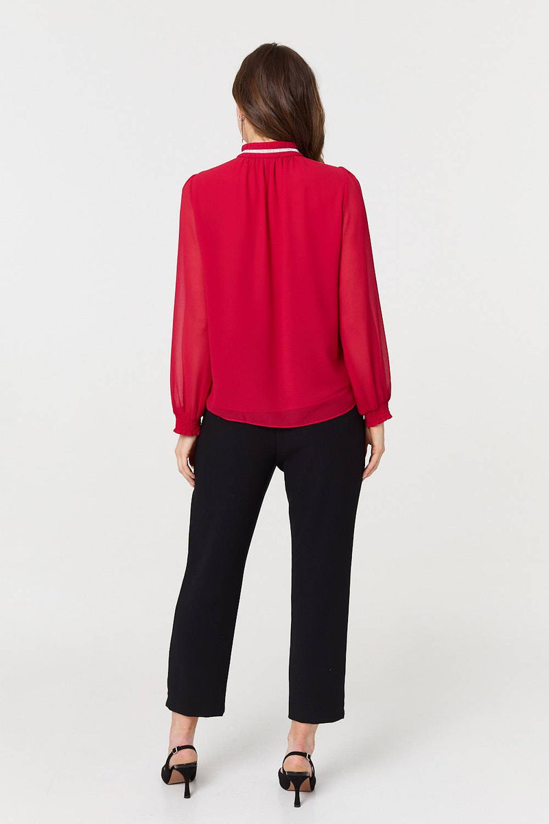 Sparkle Trim High Neck Semi Sheer Blouse