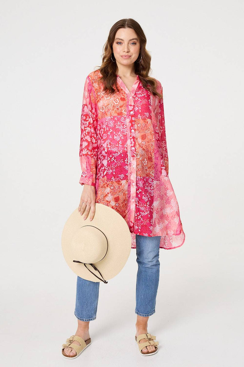 Patchwork Print Semi Sheer Longline Shirt
