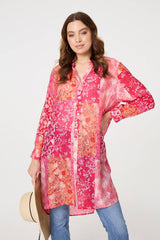 Patchwork Print Semi Sheer Longline Shirt