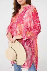 Patchwork Print Semi Sheer Longline Shirt