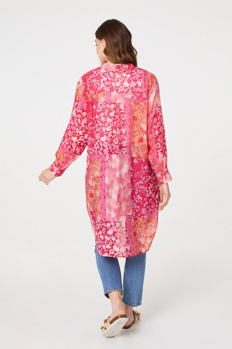 Patchwork Print Semi Sheer Longline Shirt