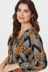 Leaf Print Turn-Up Sleeve Blouse