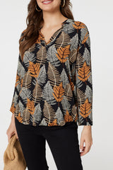 Leaf Print Turn-Up Sleeve Blouse