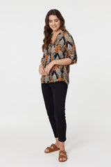 Leaf Print Turn-Up Sleeve Blouse